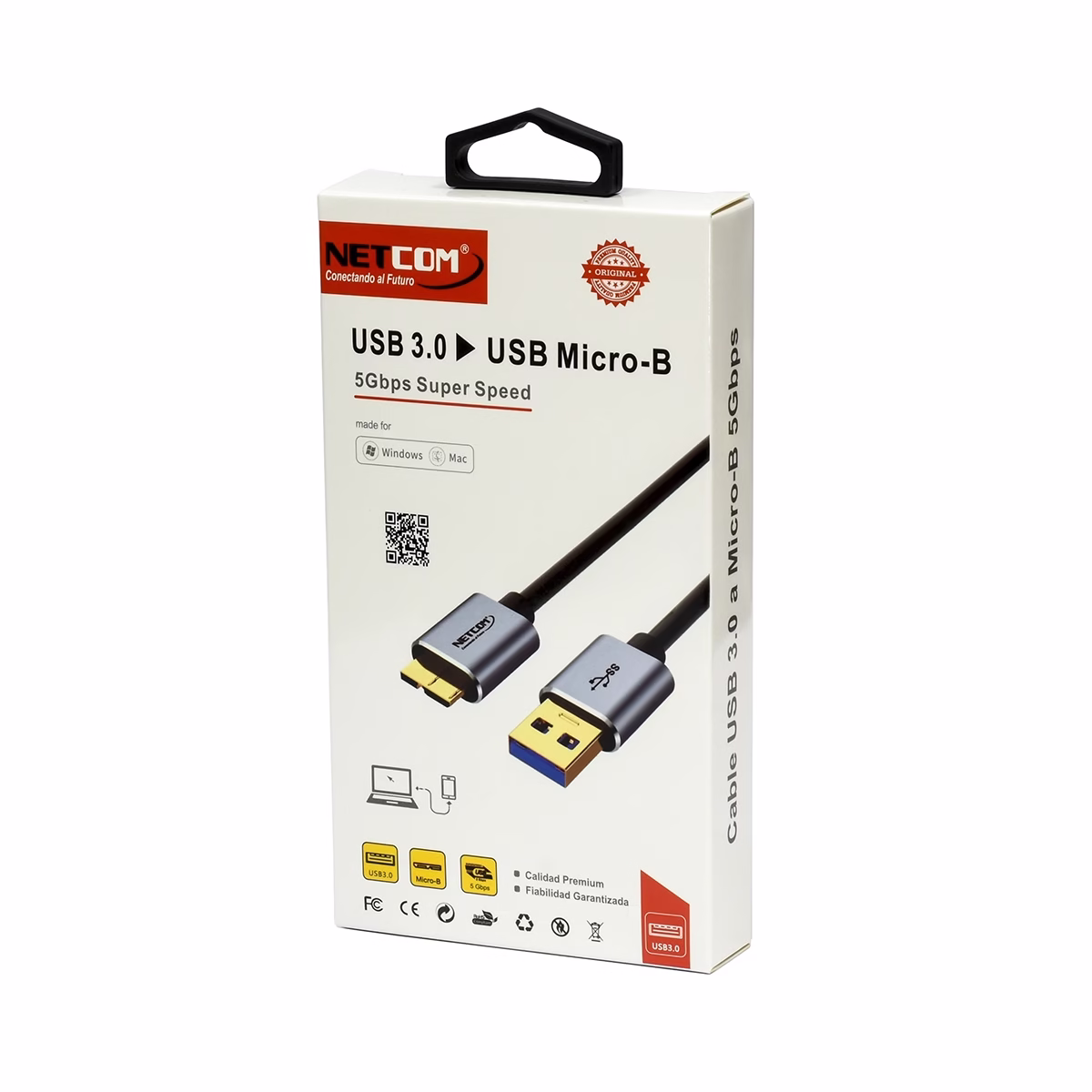 Cable USB a Micro-B de 1MT para Disco Externo (USB 3.0 a Micro-B USB 3.0 5Gbps) NETCOM PE-CA1002 Cable USB a Micro-B de 1MT para Disco Externo (USB 3.0 a Micro-B USB 3.0 5Gbps) NETCOM PE-CA1002, Cable premium USB 3.0 a Micro-B Netcom PE-CA1002 de 1 metro, mostrando el conector USB-A y el conector ancho Micro-B 3.0 para discos duros, un producto de HD Multimedia PERU SAC.