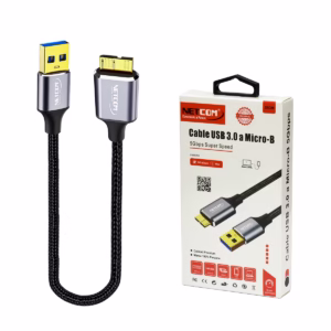 Cable USB a Micro-B de 30cm para Disco Externo (Cable Enmallado) NETCOM PE-CA1001, Cable premium USB 3.0 a Micro-B Netcom PE-CA1001 de 30cm enmallado, mostrando sus conectores de aluminio para discos duros externos, un producto de HD Multimedia PERU SAC., Cable para Disco Externo