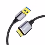 Cable USB a Micro-B de 30cm para Disco Externo (Cable Enmallado) NETCOM PE-CA1001, Cable premium USB 3.0 a Micro-B Netcom PE-CA1001 de 30cm enmallado, mostrando sus conectores de aluminio para discos duros externos, un producto de HD Multimedia PERU SAC., Cable para Disco Externo