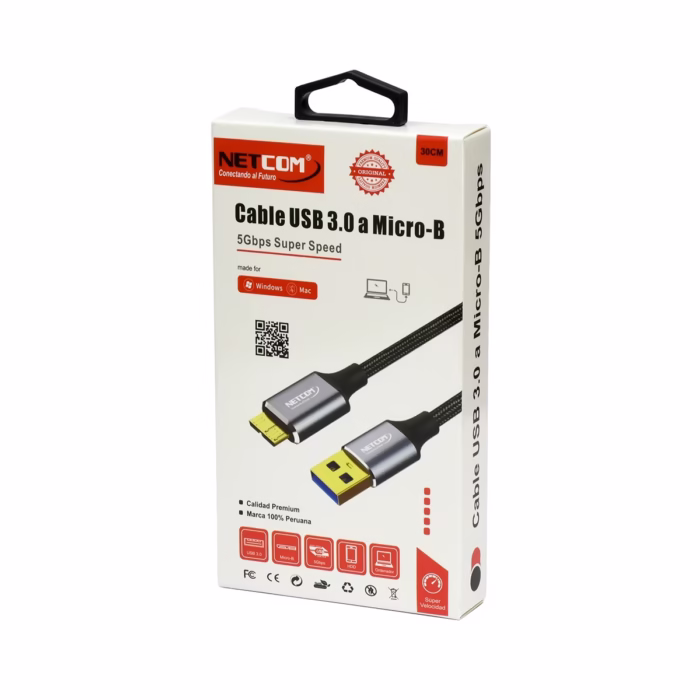 Cable USB a Micro B de cm para Disco Externo Cable Enmallado NETCOM PE CA Cable premium USB  a Micro B Netcom PE CA de cm enmallado mostrando sus conectores de aluminio para discos duros externos un producto de HD Multimedia PERU SAC Cable para Disco Externo