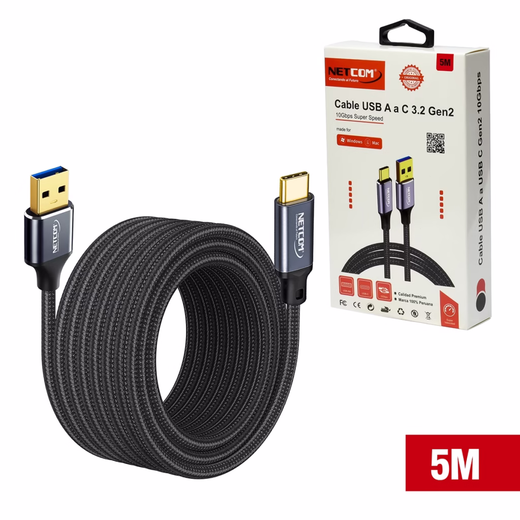 Cable USB a USB C MT USB  Gen Gbps NETCOM PE CA Cable USB A a USB C de  metros Netcom PE CA enmallado y con conectores de aluminio soporta Gbps y W de carga un producto de HD Multimedia PERU SAC