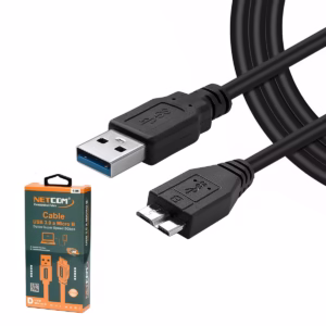 Cable para Disco Externo USB a Micro-B de 1MT NETCOM PE-US0075/1M: La Conexión Esencial para tu Disco Duro Externo, Cable USB 3.0 a Micro-B de 1 metro Netcom, mostrando el conector USB-A y el conector ancho Micro-B 3.0 para discos duros externos, un producto de HD Multimedia PERU SAC.