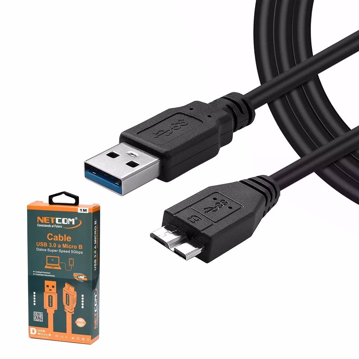 Cable para Disco Externo USB a Micro-B de 1MT NETCOM PE-US0075-1M_______ Cable para Disco Externo USB a Micro-B de 1MT NETCOM PE-US0075/1M: La Conexión Esencial para tu Disco Duro Externo, Cable USB 3.0 a Micro-B de 1 metro Netcom, mostrando el conector USB-A y el conector ancho Micro-B 3.0 para discos duros externos, un producto de HD Multimedia PERU SAC.