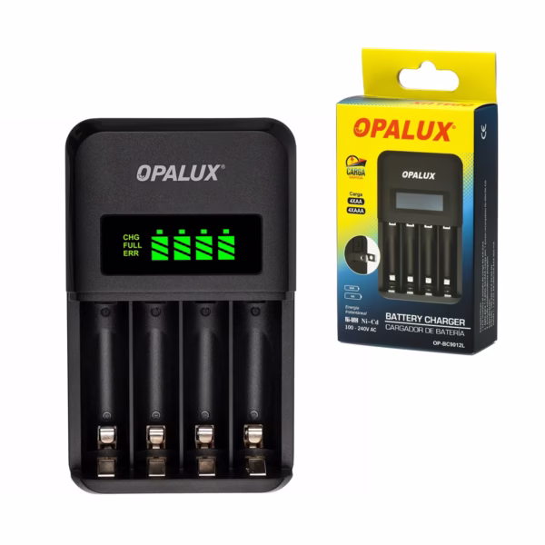 Cargador de Pilas Rápido con Pantalla LCD Opalux OP-BC9012L (AA/AAA), Cargador de pilas rápido Opalux OP-BC9012L con pantalla LCD mostrando el estado de carga de las pilas AA, un producto de HD Multimedia PERU SAC.