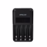 Cargador de Pilas Rápido con Pantalla LCD Opalux OP-BC9012L (AA/AAA), Cargador de pilas rápido Opalux OP-BC9012L con pantalla LCD mostrando el estado de carga de las pilas AA, un producto de HD Multimedia PERU SAC.