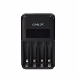 Cargador de Pilas Rápido con Pantalla LCD Opalux OP-BC9012L (AA/AAA), Cargador de pilas rápido Opalux OP-BC9012L con pantalla LCD mostrando el estado de carga de las pilas AA, un producto de HD Multimedia PERU SAC.