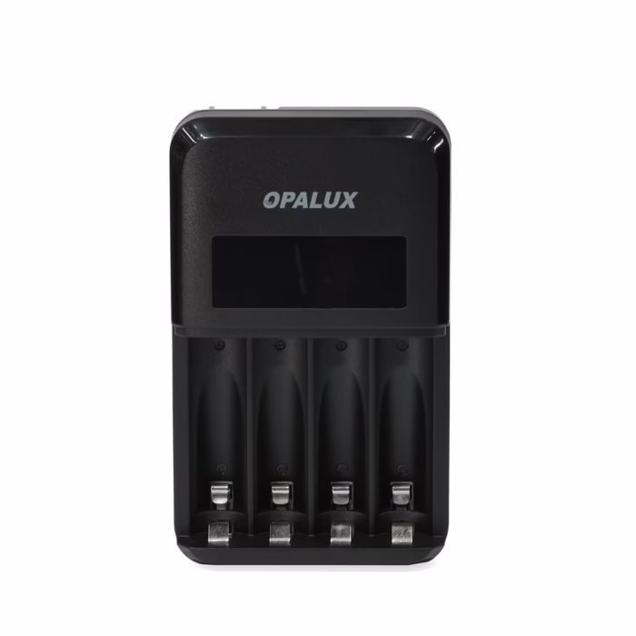 Cargador de Pilas Rápido con Pantalla LCD Opalux OP BCL AAAAA Cargador de pilas rápido Opalux OP BCL con pantalla LCD mostrando el estado de carga de las pilas AA un producto de HD Multimedia PERU SAC