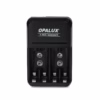 Cargador de Pilas y Baterías Ni MH Ni Cd Opalux OP BC El Dispositivo ideal para el Hogar o la Oficina Cargador de pilas universal Opalux OP BC de color negro mostrando sus  bahías para AAAAA y  bahías para baterías V un producto de HD Multimedia PERU SAC