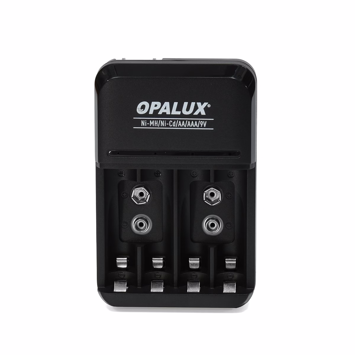 Cargador de Pilas y Baterías Ni-MH Ni-Cd Opalux OP-BC8021: El Dispositivo ideal para el Hogar o la Oficina Cargador de Pilas y Baterías Ni-MH Ni-Cd Opalux OP-BC8021: El Dispositivo ideal para el Hogar o la Oficina, Cargador de pilas universal Opalux OP-BC8021 de color negro, mostrando sus 4 bahías para AA/AAA y 2 bahías para baterías 9V, un producto de HD Multimedia PERU SAC.
