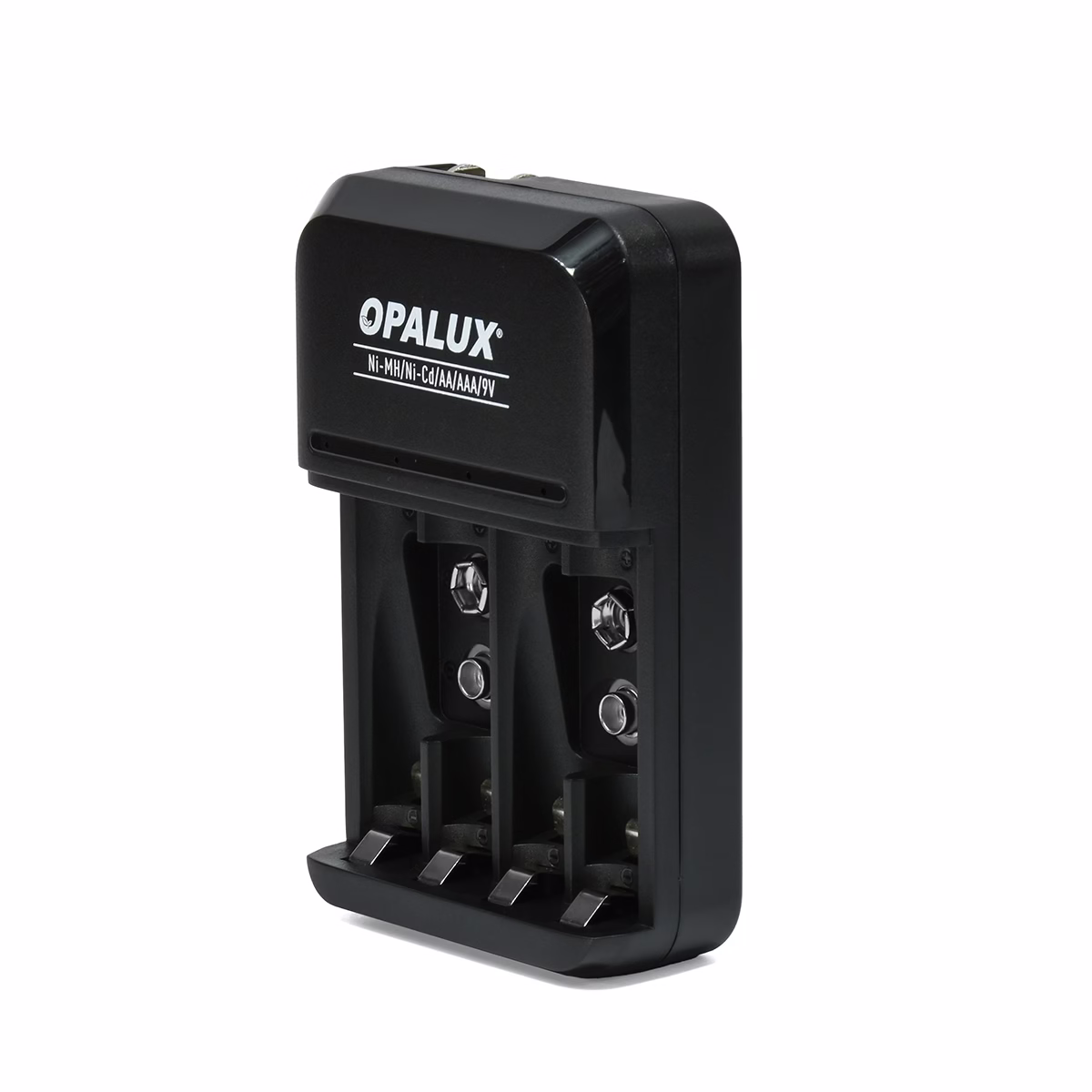 Cargador de Pilas y Baterías Ni-MH Ni-Cd Opalux OP-BC8021: El Dispositivo ideal para el Hogar o la Oficina Cargador de Pilas y Baterías Ni-MH Ni-Cd Opalux OP-BC8021: El Dispositivo ideal para el Hogar o la Oficina, Cargador de pilas universal Opalux OP-BC8021 de color negro, mostrando sus 4 bahías para AA/AAA y 2 bahías para baterías 9V, un producto de HD Multimedia PERU SAC.