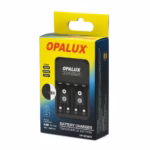 Cargador de Pilas y Baterías Ni-MH Ni-Cd Opalux OP-BC8021: El Dispositivo ideal para el Hogar o la Oficina, Cargador de pilas universal Opalux OP-BC8021 de color negro, mostrando sus 4 bahías para AA/AAA y 2 bahías para baterías 9V, un producto de HD Multimedia PERU SAC.