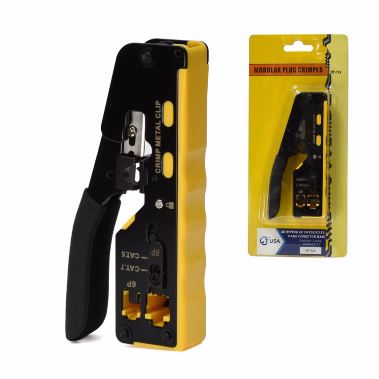 Crimping RJ45 EZ Cat6/5e Pass Through LT USA HT-719: Conexiones más Seguras y Confiables, Herramienta de crimpado (crimping tool) LT USA HT-719 para conectores RJ45 Pass Through (EZ), mostrando sus cuchillas de corte y pelado, un producto para redes de HD Multimedia PERU SAC.