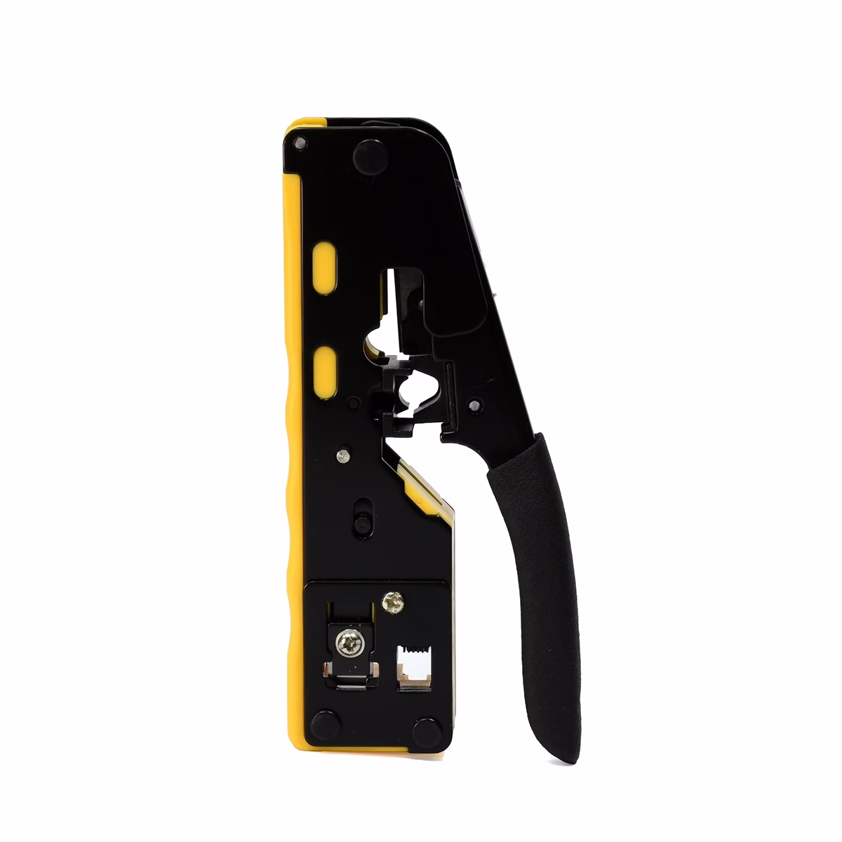 Crimping RJ45 EZ Cat6/5e Pass Through LT USA HT-719: Conexiones más Seguras y Confiables Crimping RJ45 EZ Cat6/5e Pass Through LT USA HT-719: Conexiones más Seguras y Confiables, Herramienta de crimpado (crimping tool) LT USA HT-719 para conectores RJ45 Pass Through (EZ), mostrando sus cuchillas de corte y pelado, un producto para redes de HD Multimedia PERU SAC.