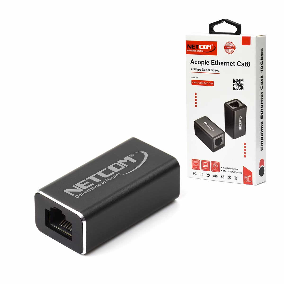 Empalme RJ45 Cat8_7_6a_6_5e NETCOM PE-UR0108_____ Empalme RJ45 Cat8/7/6a/6/5e NETCOM PE-UR0108: Extiende tu Cable de Red con Facilidad, Empalme o acoplador de red RJ45 metálico y blindado Cat8 Netcom PE-UR0108, mostrando sus dos puertos hembra para unir cables de red de 40Gbps, un producto de HD Multimedia PERU SAC.