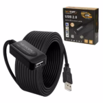 Extensión USB 12MT Activo USB 2.0 480Mbps NETCOM PE-UA0312: Lleva tu Conexión USB a 12 Metros sin Perder Señal, Cable extensor USB 2.0 activo de 12 metros Netcom PE-UA0312, mostrando el conector de entrada USB-A y el conector hembra USB-A con su booster integrado, un producto de HD Multimedia PERU SAC.