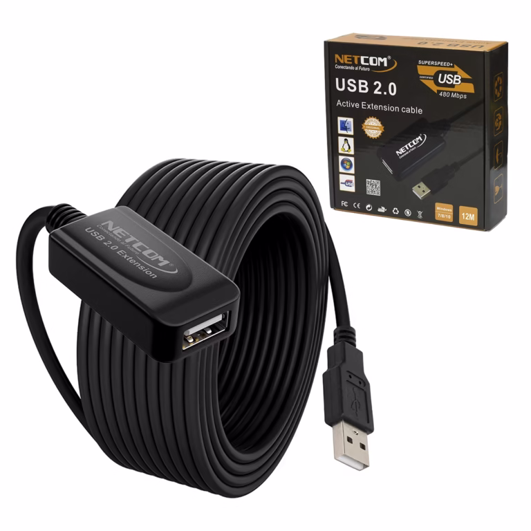 Extensión USB 12MT Activo USB 2.0 480Mbps NETCOM PE-UA0312: Lleva tu Conexión USB a 12 Metros sin Perder Señal, Cable extensor USB 2.0 activo de 12 metros Netcom PE-UA0312, mostrando el conector de entrada USB-A y el conector hembra USB-A con su booster integrado, un producto de HD Multimedia PERU SAC.
