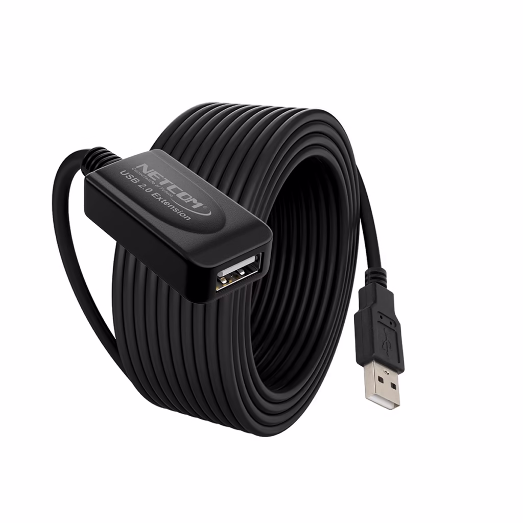 Extensión USB MT Activo USB  Mbps NETCOM PE UA Lleva tu Conexión USB a  Metros sin Perder Señal Cable extensor USB  activo de  metros Netcom PE UA mostrando el conector de entrada USB A y el conector hembra USB A con su booster integrado un producto de HD Multimedia PERU SAC