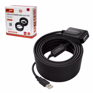 Extensión USB 25MT Activo USB 2.0 480Mbps NETCOM PE-UA0325: Rompe Todas las Barreras de Distancia, Cable extensor USB 2.0 activo de 25 metros Netcom PE-UA0325, mostrando el conector de entrada USB-A y los boosters de señal integrados, un producto de HD Multimedia PERU SAC.