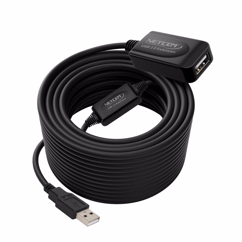 Extensión USB MT Activo USB  Mbps NETCOM PE UA Rompe Todas las Barreras de Distancia Cable extensor USB  activo de  metros Netcom PE UA mostrando el conector de entrada USB A y los boosters de señal integrados un producto de HD Multimedia PERU SAC