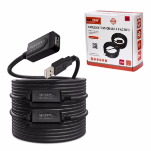 Extensión USB 30MT Activo USB 2.0 480Mbps NETCOM PE-UA0330: La Conexión confiable a largas distancias, Cable extensor USB 2.0 activo de 30 metros Netcom PE-UA0330, mostrando el conector de entrada USB-A y los boosters de señal integrados, un producto de HD Multimedia PERU SAC.