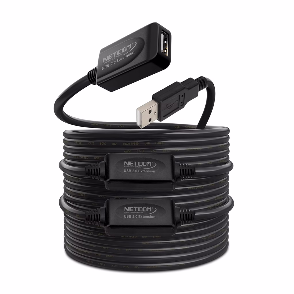 Extensión USB MT Activo USB  Mbps NETCOM PE UA La Conexión confiable a largas distancias Cable extensor USB  activo de  metros Netcom PE UA mostrando el conector de entrada USB A y los boosters de señal integrados un producto de HD Multimedia PERU SAC