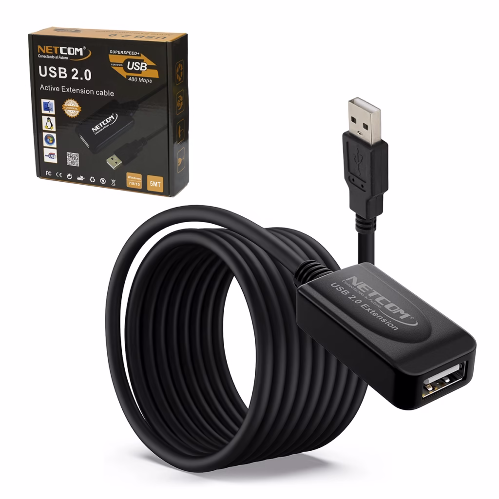 Extensión USB  Metros Activo USB  Mbps NETCOM PE UA Lleva tu Conexión USB lejos sin Perder Señal Cable extensor USB  activo de  metros Netcom PE UA mostrando el conector de entrada USB A y el conector hembra USB A con su booster integrado un producto de HD Multimedia PERU SAC