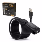 Extensión USB 5 Metros Activo USB 2.0 480Mbps NETCOM PE-UA0305: Lleva tu Conexión USB lejos sin Perder Señal, Cable extensor USB 2.0 activo de 5 metros Netcom PE-UA0305, mostrando el conector de entrada USB-A y el conector hembra USB-A con su booster integrado, un producto de HD Multimedia PERU SAC.
