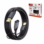 Extensión USB Activo 5MT USB 3.0 5Gbps NETCOM PE-EX0105: Extiende tu Conexión USB 3.0 a 5 Metros sin Perder Velocidad, Cable extensor USB 3.0 activo de 5 metros Netcom PE-EX0105, mostrando el conector de entrada USB-A y el extremo hembra USB-A con su conector de alimentación auxiliar, un producto de HD Multimedia PERU SAC.