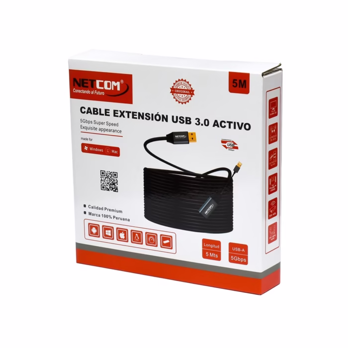 Extensión USB Activo MT USB  Gbps NETCOM PE EX Extiende tu Conexión USB  a  Metros sin Perder Velocidad Cable extensor USB  activo de  metros Netcom PE EX mostrando el conector de entrada USB A y el extremo hembra USB A con su conector de alimentación auxiliar un producto de HD Multimedia PERU SAC