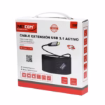 Extensión USB-C a USB-A 5MT Activo 5GBPS 60W NETCOM PE-EX0305: Extiende tu Conexión USB-C a 5 Metros sin Perder Velocidad, Cable extensor USB-C activo de 5 metros Netcom PE-EX0305, mostrando el conector de entrada USB-C y el extremo hembra USB-A con su conector de alimentación auxiliar, un producto de HD Multimedia PERU SAC.