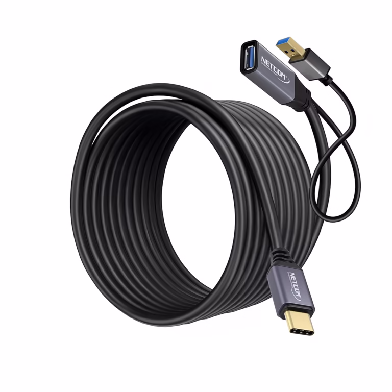 Extensión USB-C a USB-A 10MT Activa 5GBPS 60W NETCOM PE-EX0310: Lleva tu Conexión USB-C a 10 Metros sin Perder Velocidad, Extensor USB-C 10MT con amplificador y conectores Gold Plated HD Multimedia PERU SAC