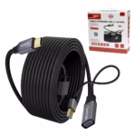 Extensión USB-C a USB-A de 20MT Activo 5GBPS 60W NETCOM PE-EX0320: Extiende tu Conexión USB-C a 20 Metros sin Perder Velocidad, Cable extensor USB-C activo de 20 metros Netcom PE-EX0320, mostrando el conector de entrada USB-C y el extremo hembra USB-A con su conector de alimentación, un producto de HD Multimedia PERU SAC.