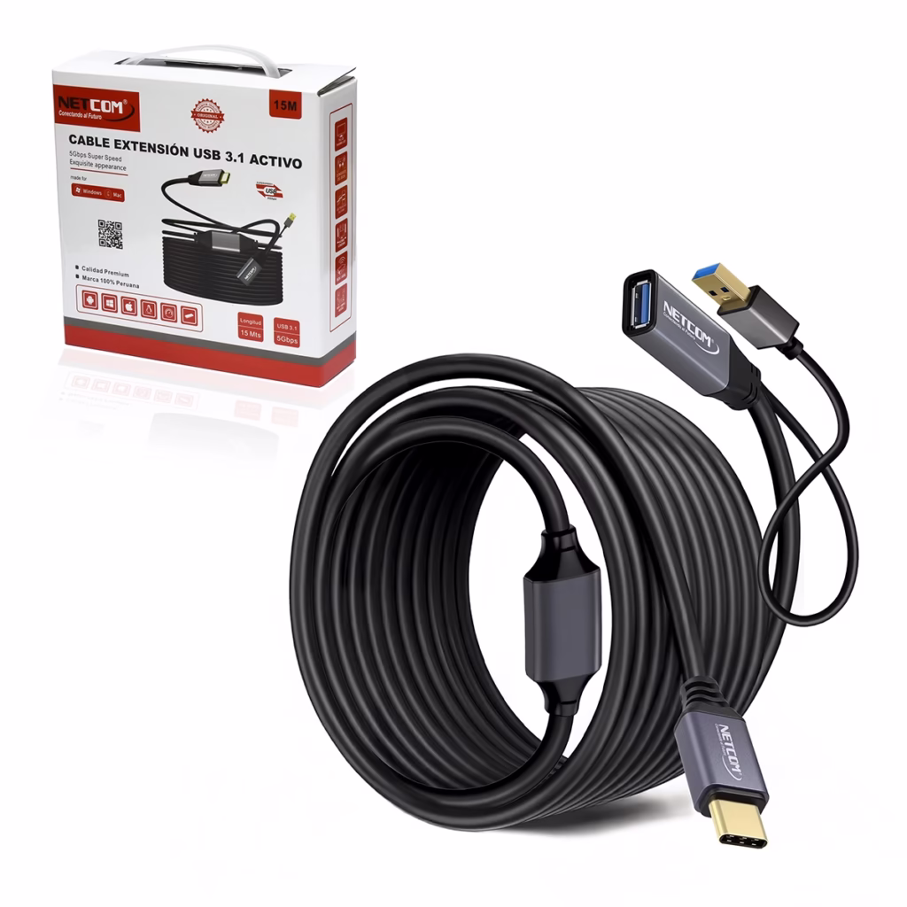 Extensión USB C a USB MT Activa GBPS NETCOM PE EX Lleva tu Conexión USB C a  Metros sin Perder Velocidad Cable extensor USB C activo de  metros Netcom PE EX mostrando el conector de entrada USB C y el extremo hembra USB A con su conector de alimentación auxiliar un producto de HD Multimedia PERU SAC