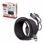 Extensión USB-C a USB3 15MT Activa 5GBPS NETCOM PE-EX0315: Lleva tu Conexión USB-C a 15 Metros sin Perder Velocidad, Cable extensor USB-C activo de 15 metros Netcom PE-EX0315, mostrando el conector de entrada USB-C y el extremo hembra USB-A con su conector de alimentación auxiliar, un producto de HD Multimedia PERU SAC.