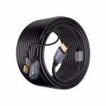 Extensión USB-C a USB3 15MT Activa 5GBPS NETCOM PE-EX0315: Lleva tu Conexión USB-C a 15 Metros sin Perder Velocidad, Cable extensor USB-C activo de 15 metros Netcom PE-EX0315, mostrando el conector de entrada USB-C y el extremo hembra USB-A con su conector de alimentación auxiliar, un producto de HD Multimedia PERU SAC.