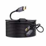 Extensión USB-C a USB3 15MT Activa 5GBPS NETCOM PE-EX0315: Lleva tu Conexión USB-C a 15 Metros sin Perder Velocidad, Cable extensor USB-C activo de 15 metros Netcom PE-EX0315, mostrando el conector de entrada USB-C y el extremo hembra USB-A con su conector de alimentación auxiliar, un producto de HD Multimedia PERU SAC.