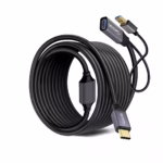 Extensión USB-C a USB3 15MT Activa 5GBPS NETCOM PE-EX0315: Lleva tu Conexión USB-C a 15 Metros sin Perder Velocidad, Cable extensor USB-C activo de 15 metros Netcom PE-EX0315, mostrando el conector de entrada USB-C y el extremo hembra USB-A con su conector de alimentación auxiliar, un producto de HD Multimedia PERU SAC.