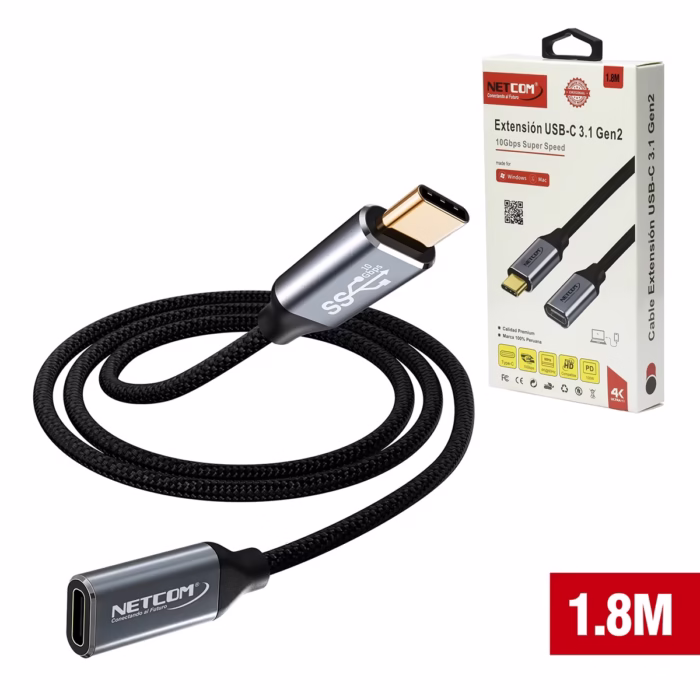 Cable Extensión USB C de MT USB  Gen Gbps NETCOM PE CA Cable de extensión USB C a USB C de  metros Netcom PE CA enmallado y con conectores de aluminio soporta Gbps W PD y K un producto de HD Multimedia PERU SAC