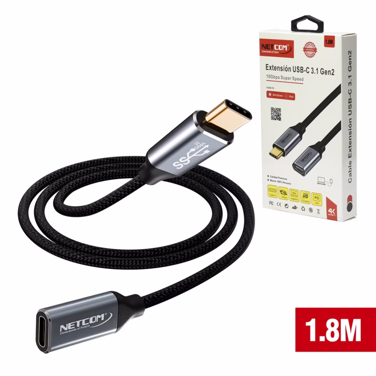 Cable Extensión USB-C de 1.8MT USB 3.1 Gen2 10Gbps NETCOM PE-CA0109, Cable de extensión USB-C a USB-C de 1.8 metros Netcom PE-CA0109, enmallado y con conectores de aluminio, soporta 10Gbps, 100W PD y 4K, un producto de HD Multimedia PERU SAC.