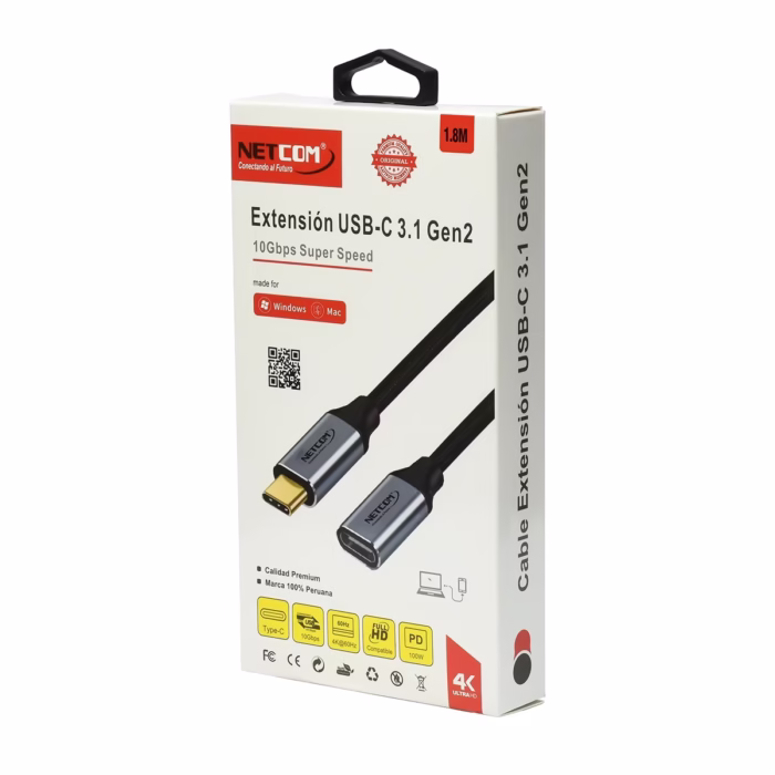 Cable Extensión USB C de MT USB  Gen Gbps NETCOM PE CA Cable de extensión USB C a USB C de  metros Netcom PE CA enmallado y con conectores de aluminio soporta Gbps W PD y K un producto de HD Multimedia PERU SAC