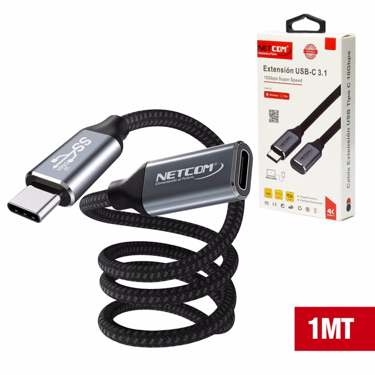 Cable Extensión USB-C de 1MT USB 3.1 Gen2 10Gbps NETCOM PE-CA0108, Cable de extensión USB-C a USB-C de 1 metro Netcom PE-CA0108, enmallado y con conectores de aluminio, soporta 10Gbps, 100W PD y 4K, un producto de HD Multimedia PERU SAC.