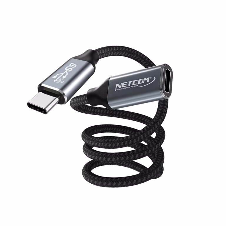 Cable Extensión USB-C de 1MT USB 3.1 Gen2 10Gbps NETCOM PE-CA0108, Cable de extensión USB-C a USB-C de 1 metro Netcom PE-CA0108, enmallado y con conectores de aluminio, soporta 10Gbps, 100W PD y 4K, un producto de HD Multimedia PERU SAC.