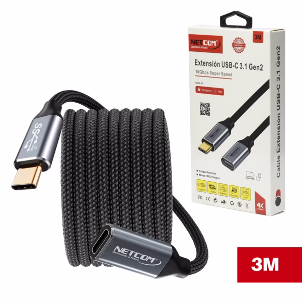 Cable Extensión USB-C 3MT USB 3.1 Gen2 10Gbps NETCOM PE-CA0113, Cable de extensión USB-C a USB-C de 3 metros Netcom PE-CA0113, enmallado y con conectores de aluminio, soporta 10Gbps, 100W PD y 4K, un producto de HD Multimedia PERU SAC.