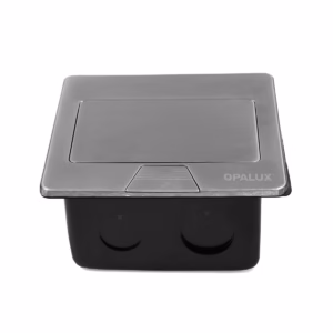 Tomacorriente de Escritorio 2 Tomas Universales Opalux OP-UTS1SL, Tomacorriente de escritorio metálico Opalux OP-UTS1SL plateado, mostrando sus 2 tomas universales y el botón deslizante, un producto de HD Multimedia PERU SAC.