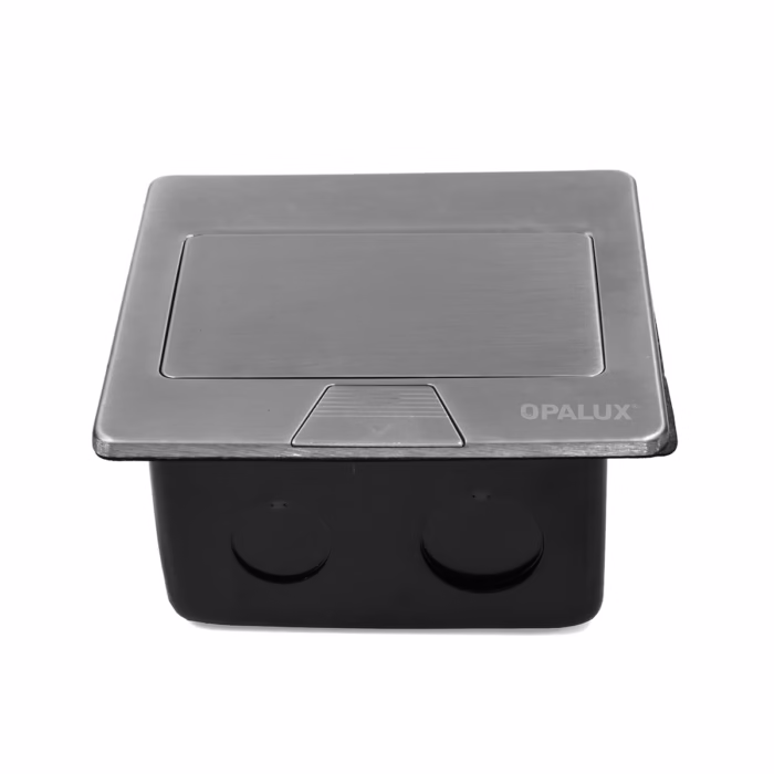 Tomacorriente de Escritorio  Tomas Universales Opalux OP UTSSL Tomacorriente de escritorio metálico Opalux OP UTSSL plateado mostrando sus  tomas universales y el botón deslizante un producto de HD Multimedia PERU SAC