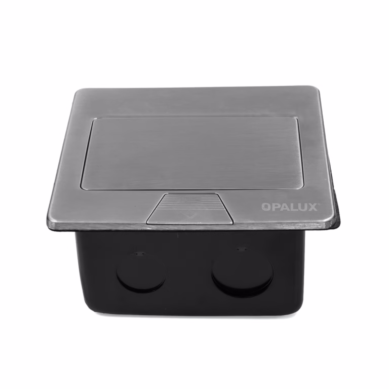 Tomacorriente de Escritorio 2 Tomas Universales Opalux OP-UTS1SL, Tomacorriente de escritorio metálico Opalux OP-UTS1SL plateado, mostrando sus 2 tomas universales y el botón deslizante, un producto de HD Multimedia PERU SAC.