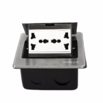 Tomacorriente de Escritorio 2 Tomas Universales Opalux OP-UTS1SL, Tomacorriente de escritorio metálico Opalux OP-UTS1SL plateado, mostrando sus 2 tomas universales y el botón deslizante, un producto de HD Multimedia PERU SAC.