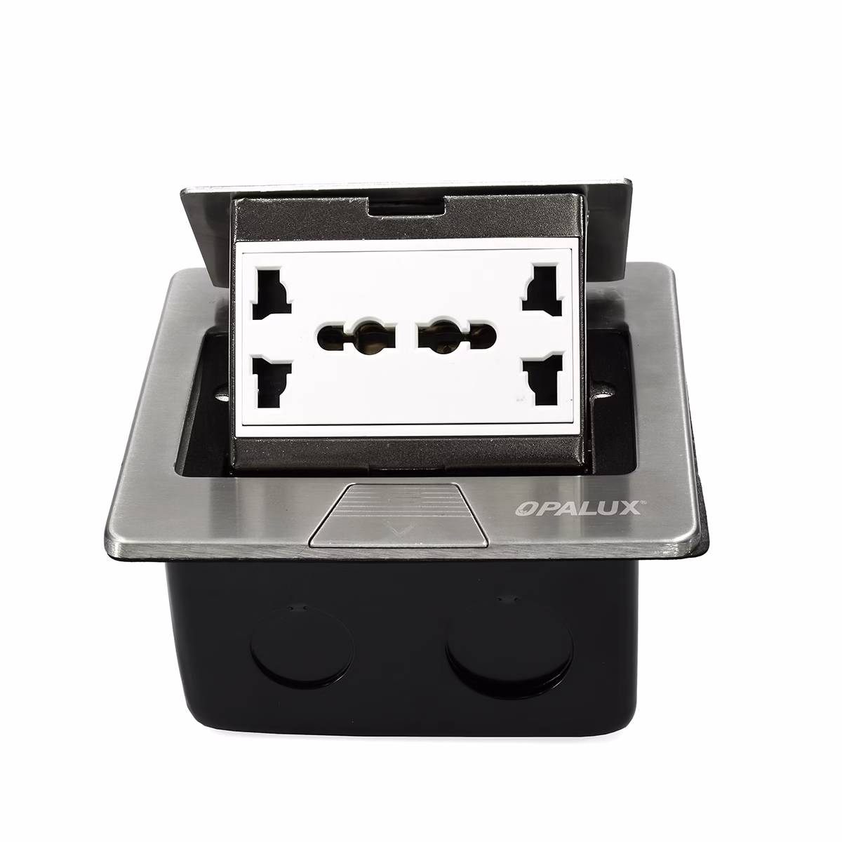 Tomacorriente de Escritorio 2 Tomas Universales Opalux OP-UTS1SL Tomacorriente de Escritorio 2 Tomas Universales Opalux OP-UTS1SL, Tomacorriente de escritorio metálico Opalux OP-UTS1SL plateado, mostrando sus 2 tomas universales y el botón deslizante, un producto de HD Multimedia PERU SAC.