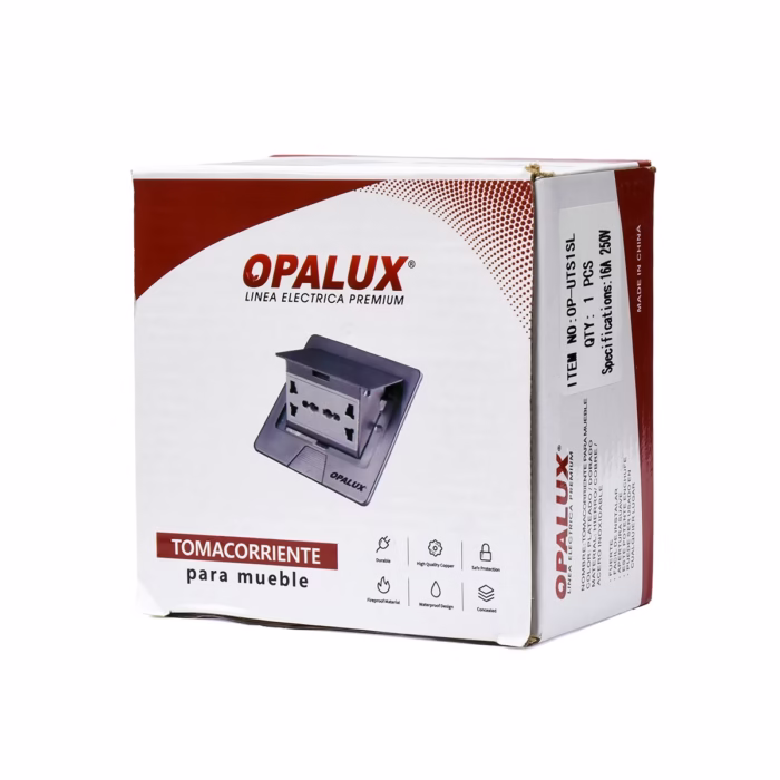 Tomacorriente de Escritorio  Tomas Universales Opalux OP UTSSL Tomacorriente de escritorio metálico Opalux OP UTSSL plateado mostrando sus  tomas universales y el botón deslizante un producto de HD Multimedia PERU SAC