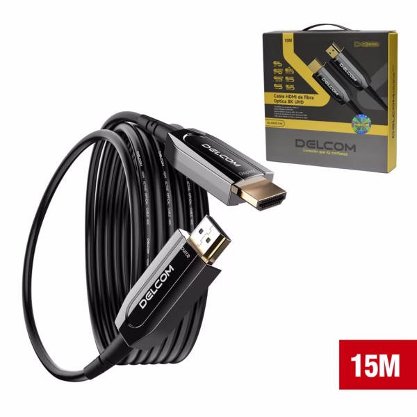 Cable HDMI de 15MT 8K@60Hz en Fibra Optica AOC v2.1 HDR eARC 48Gbps Delcom DL-HAOC-015, Cable HDMI 2.1 de Fibra Óptica Activa (AOC) Delcom de 15 metros, mostrando conectores metálicos dorados Source y Display, para transmisión 8K sin pérdidas, producto de HD Multimedia PERU SAC.